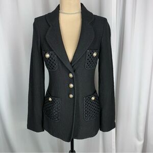 St John Black Label Caviar Jacket Sz 2 Black Santana Knit Detailed Pockets ✨READ